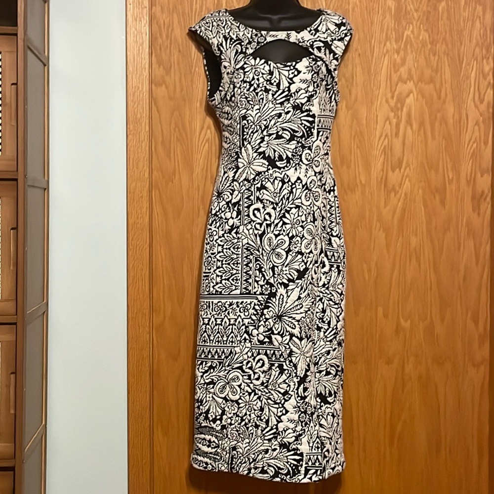 Anthropologie black and ivory midi work dress, XS